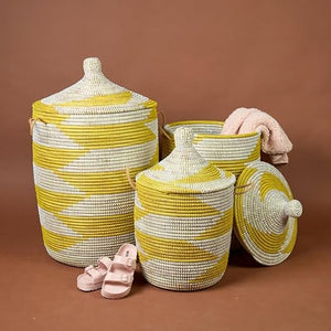 Wicker Storage Basket with Lid – Yellow & White Woven Round Hamper