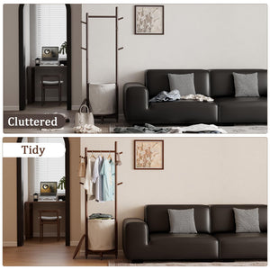 Freestanding Wood Coat Rack with Hooks, Wheels & Fabric Basket