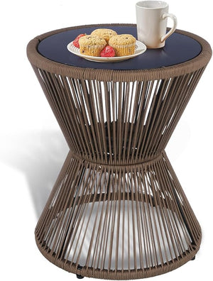 Woven Rope Outdoor Side Table with Tempered Glass Top