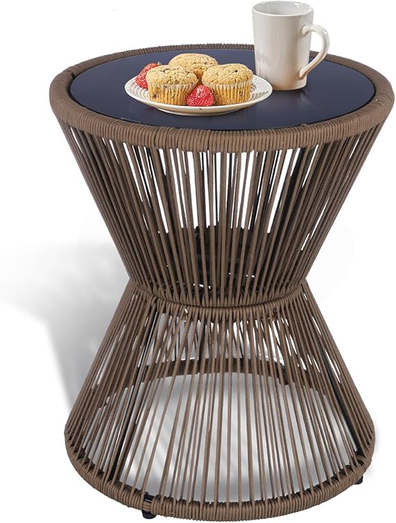 Woven Rope Outdoor Side Table with Tempered Glass Top