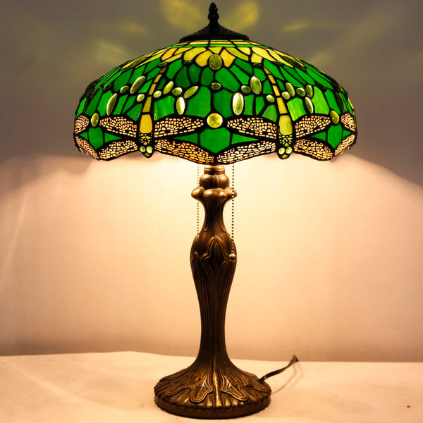 Tiffany Style Stained Glass Table Lamp – Green Dragonfly, 16x16x24 Inch