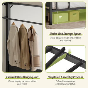 Twin Over Twin Metal Bunk Bed with Clothes Rail & Guardrail