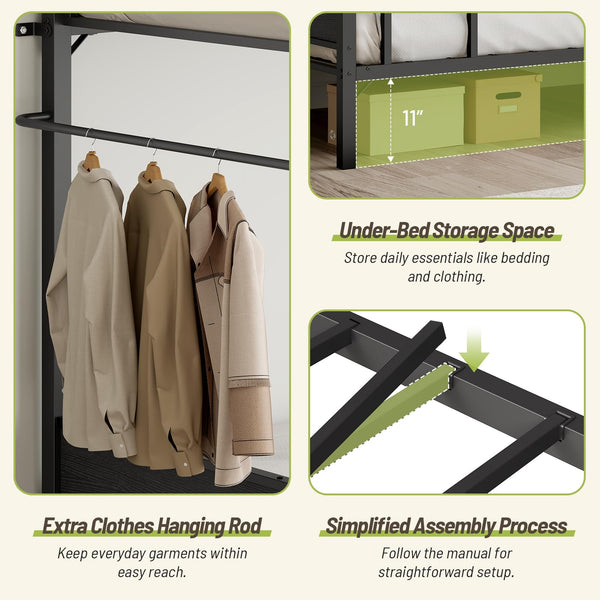 Twin Over Twin Metal Bunk Bed with Clothes Rail & Guardrail