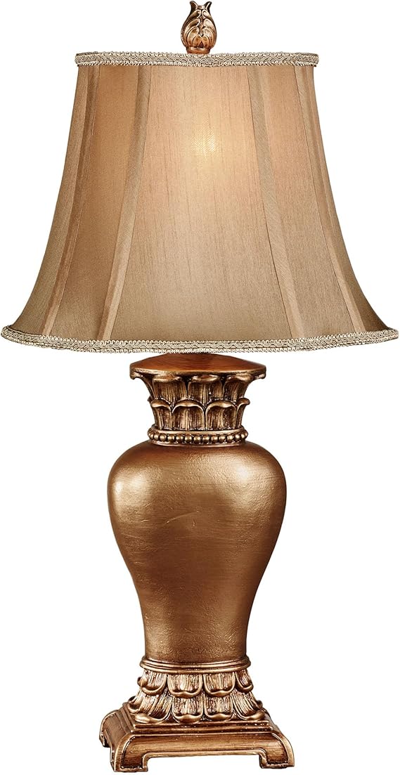 Traditional Handcrafted Resin Table Lamp with Faux Silk Bell Shade