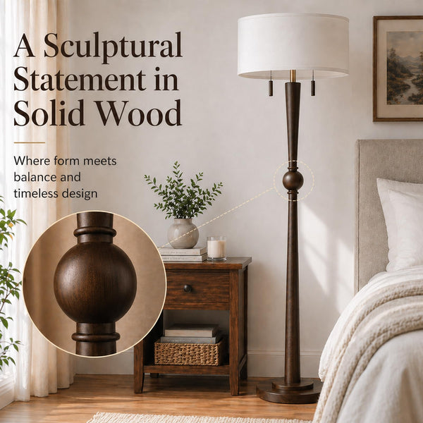 Solid Oak Wood Floor Lamp — 62.8", 2-Light Pull Chain, 17" Drum Shade, 2 LED Bulbs