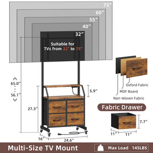 Rolling TV Stand with Mount & 4 Fabric Drawers - TV Stand with Wheels for 32-75" TV, Entertainment Center & Console Table for Living Room or Bedroom, Modern Television Stand with Storage, Rustic Brown