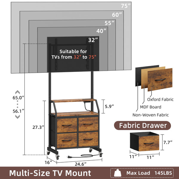 Rolling TV Stand with Mount & 4 Fabric Drawers - TV Stand with Wheels for 32-75" TV, Entertainment Center & Console Table for Living Room or Bedroom, Modern Television Stand with Storage, Rustic Brown