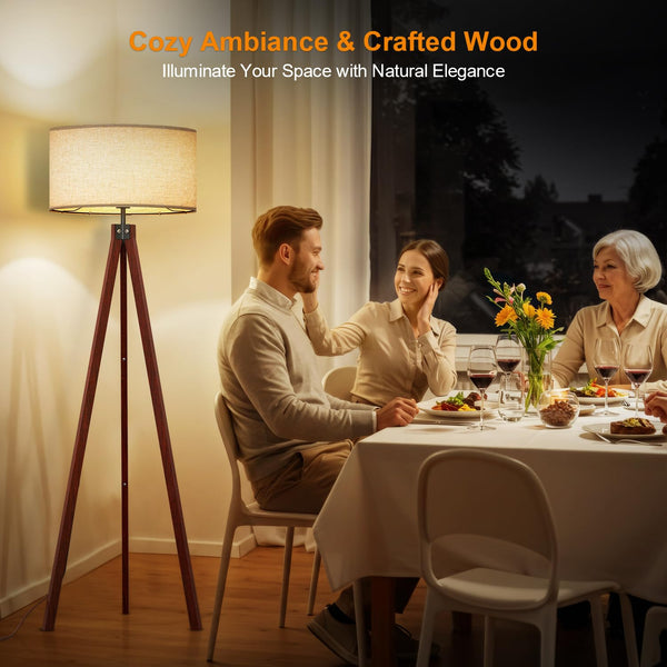 Wood Tripod Floor Lamp with Linen Shade