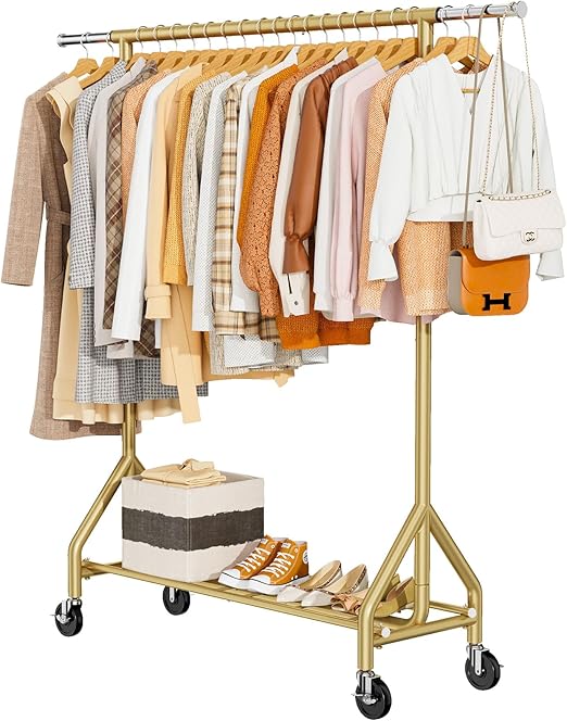 Heavy Duty Rolling Clothes Rack with Shelves & Lockable Wheels