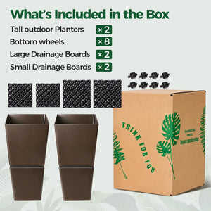 Tall Outdoor Planters with Wheels & Drainage – Set of 2