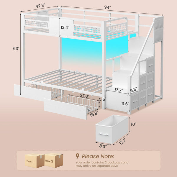 Twin Over Twin Bunk Bed with Stairs & LED Lights