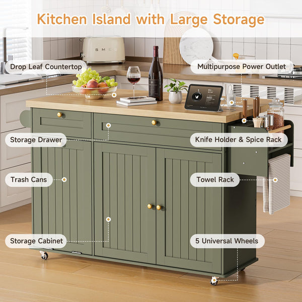 Kitchen Island with Power Outlet & Drop Leaf