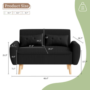 48" Corduroy Loveseat Sofa with Tufted Back & Tapered Legs
