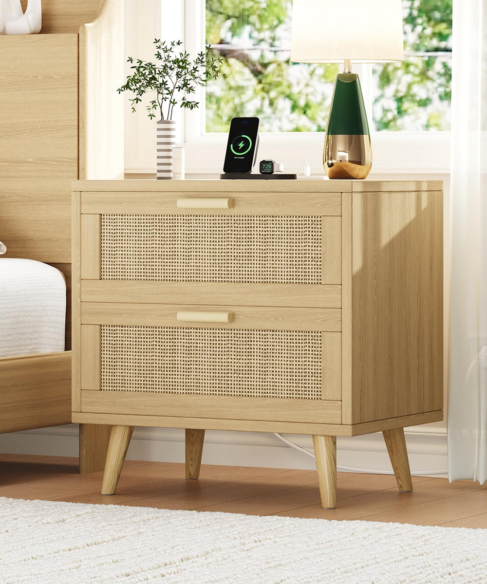 Rattan Nightstand with Charging Station & 2 Drawers