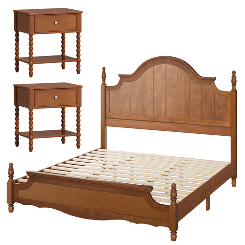 3-Piece Solid Wood California King Bedroom Set with Arched Headboard & Nightstands