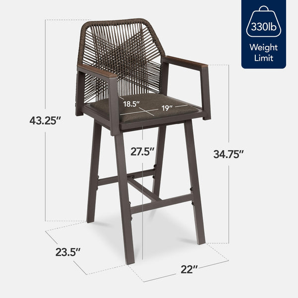Outdoor Bar Stools Set of 2 – 360° Swivel, Aluminum Frame, Woven Rope, Armrests