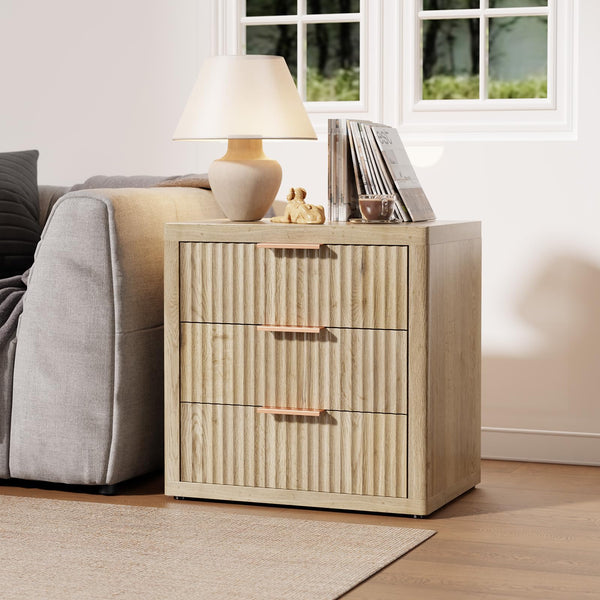 3-Drawer Nightstand with Fluted Design & Metal Handle