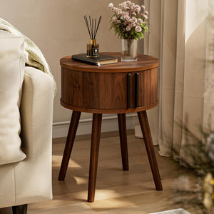 Mid-Century Side Table with Sliding Door & Solid Wood Legs