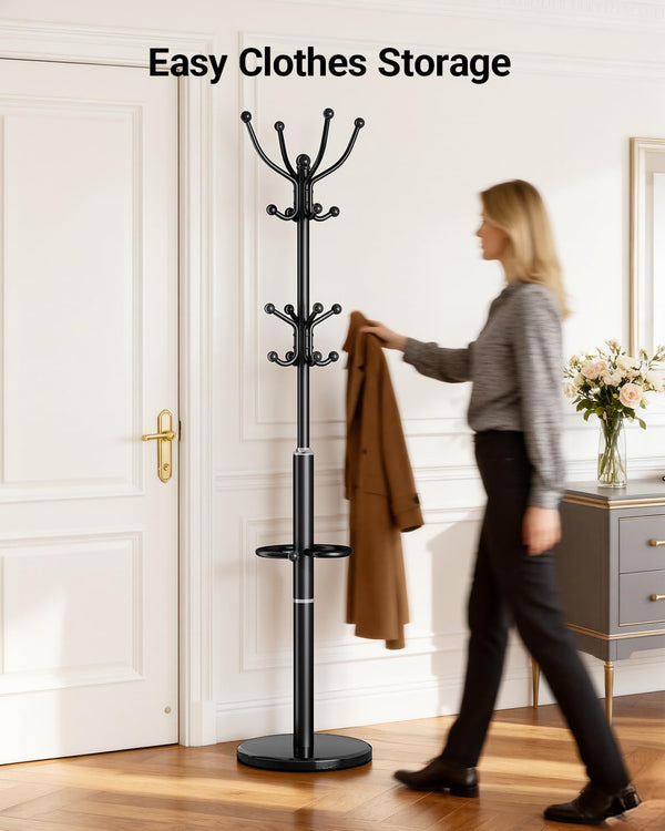 Freestanding Coat Rack with Marble Base & 16 Hooks