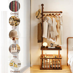 Solid Wood Coat Rack with Storage Baskets and Wheels