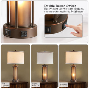Farmhouse Table Lamps Set of 2 with USB Charging Ports & Amber Glass Nightlight
