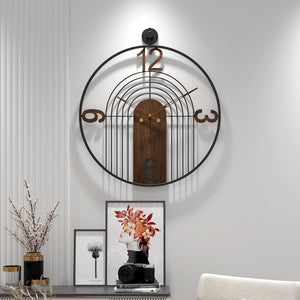 Large Round Wall Clock – Wood & Metal Frame, Silent Non-Ticking