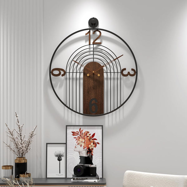 Large Round Wall Clock – Wood & Metal Frame, Silent Non-Ticking