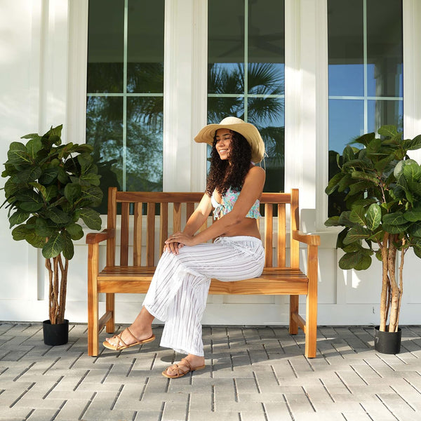 Teak Wood Outdoor Garden Bench with Armrests & Backrest