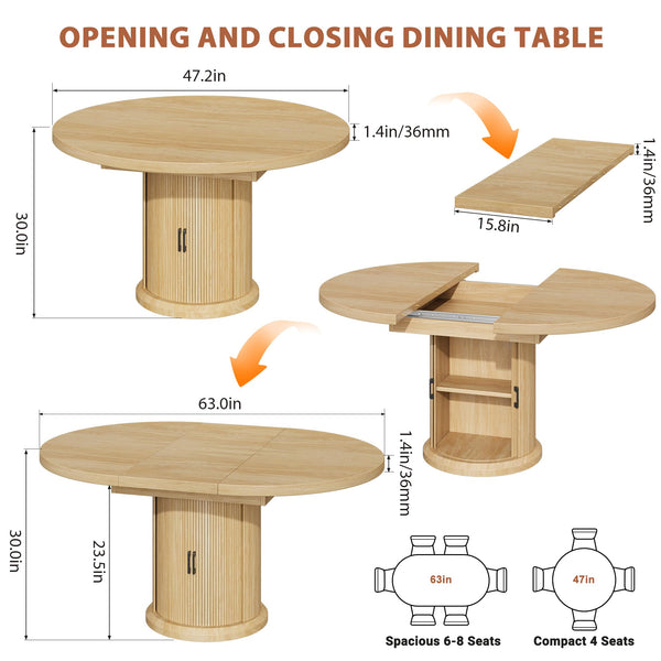 Extendable Round Dining Table with Storage Shelf