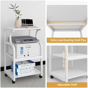 3-Tier Rolling Printer Stand with Adjustable Shelf & Power Outlets