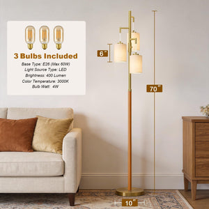 Dimmable Wood Floor Lamp with 3 Bulbs