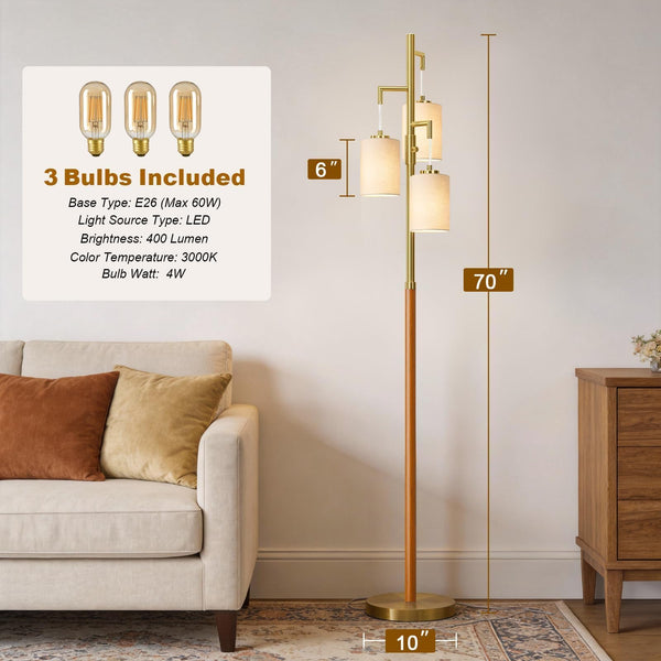 Dimmable Wood Floor Lamp with 3 Bulbs