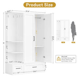 Double Door Wardrobe Closet with Drawers & Open Shelves