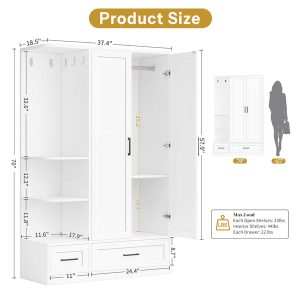 Double Door Wardrobe Closet with Drawers & Open Shelves