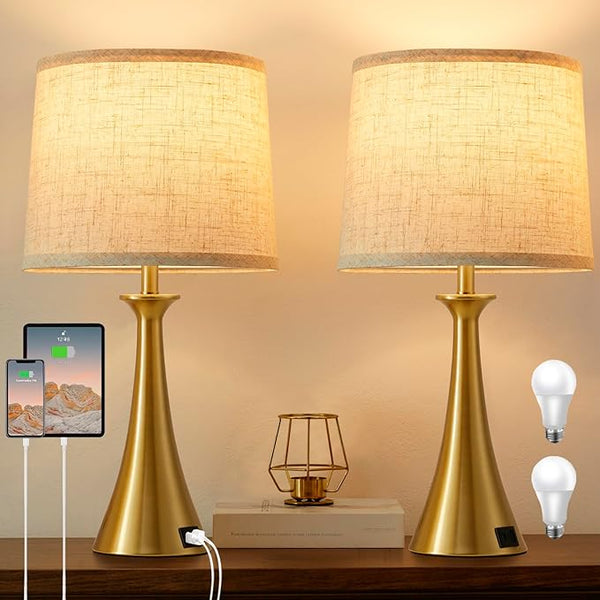 Touch Table Lamps Set of 2 – 21", USB C+A Ports, 3-Way Dimmable