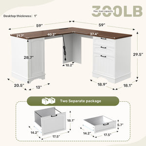 59" Farmhouse L-Shaped Desk with Power Outlets & Storage Cabinet