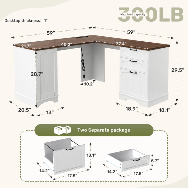 59" Farmhouse L-Shaped Desk with Power Outlets & Storage Cabinet