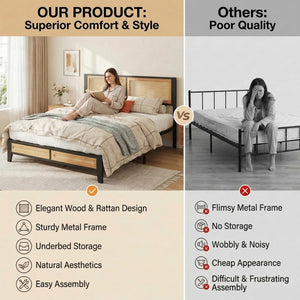 Boho Platform Bed Frame with Rattan Headboard & Underbed Storage