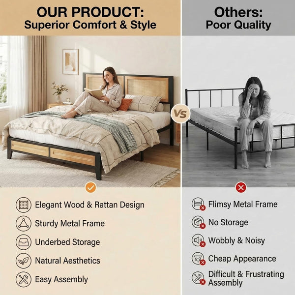 Boho Platform Bed Frame with Rattan Headboard & Underbed Storage