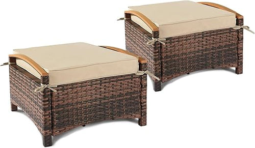 Outdoor Wicker Ottoman Set of 2 with Removable Cushions