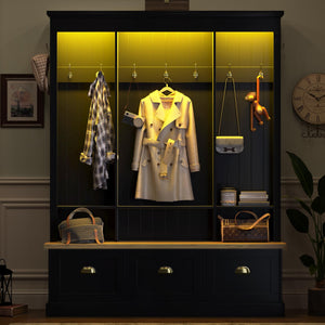 Hall Tree with Bench, LED Lights, 9 Hooks & 3 Cabinets