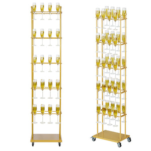 5-Tier Floor Standing Champagne Glass Rack with Wheels – 40-Glass Gold Metal Stand