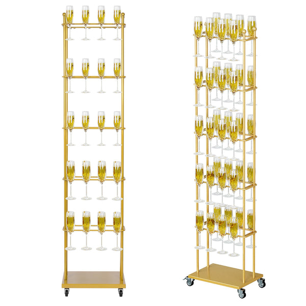 5-Tier Floor Standing Champagne Glass Rack with Wheels – 40-Glass Gold Metal Stand