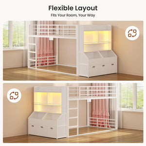 Twin Over Twin Low Bunk Bed with Storage Drawers, Bookshelf and RGB Lights