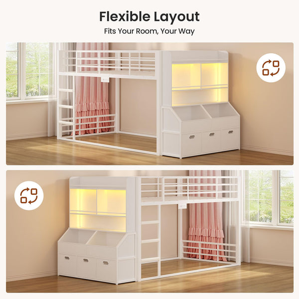 Twin Over Twin Low Bunk Bed with Storage Drawers, Bookshelf and RGB Lights
