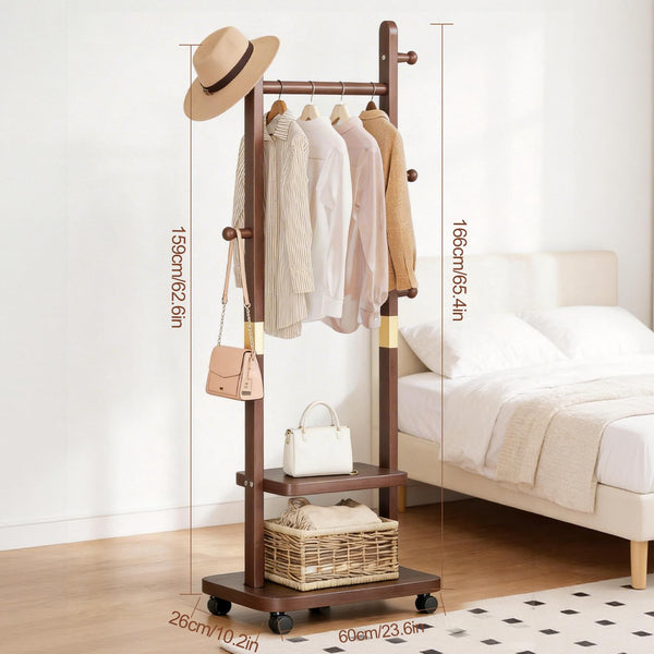 Solid Wood Coat Rack with 2-Tier Shelves, 5 Hooks & Wheels