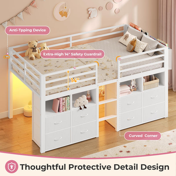 Low Loft Bed Twin with Storage Drawers, Bookcase & LED Lights
