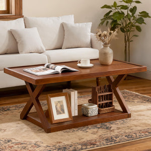 Solid Oak 2-Tier Coffee Table with X-Shaped Base