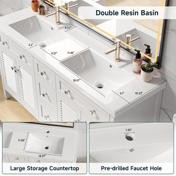 60" Double Sink Bathroom Vanity with Resin Basin & Shutter Doors