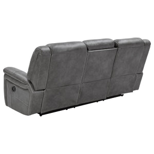 Grey Reclining Sofa with Power Outlet, Padded Headrests & Hidden Storage